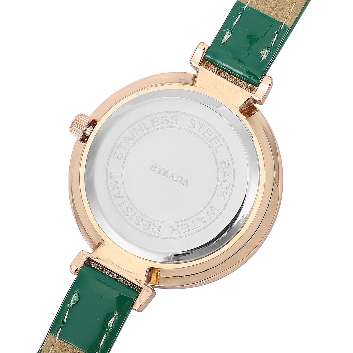 Strada Austrian Crystal, Enameled Japanese Movement Watch with Green Faux Leather Band image number 5