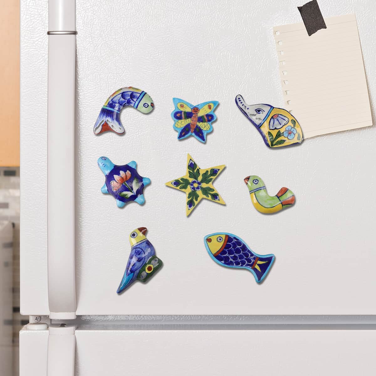 Set of 8 Handmade Multi Color Blue Pottery Fridge Magnets For Home Décor, Nature Theme Handpainted Ceramic Fridge Magnet, Housewarming Gift image number 1