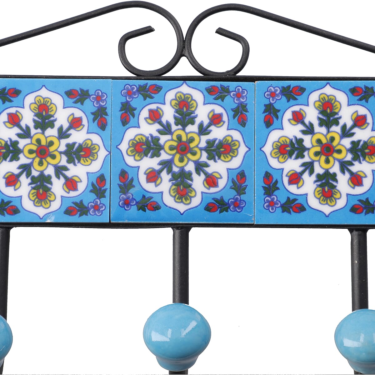 BLUE POTTERY Hand Painted Floral Design Decorative Tile Wall Hook - Blue (5 Hooks) image number 4