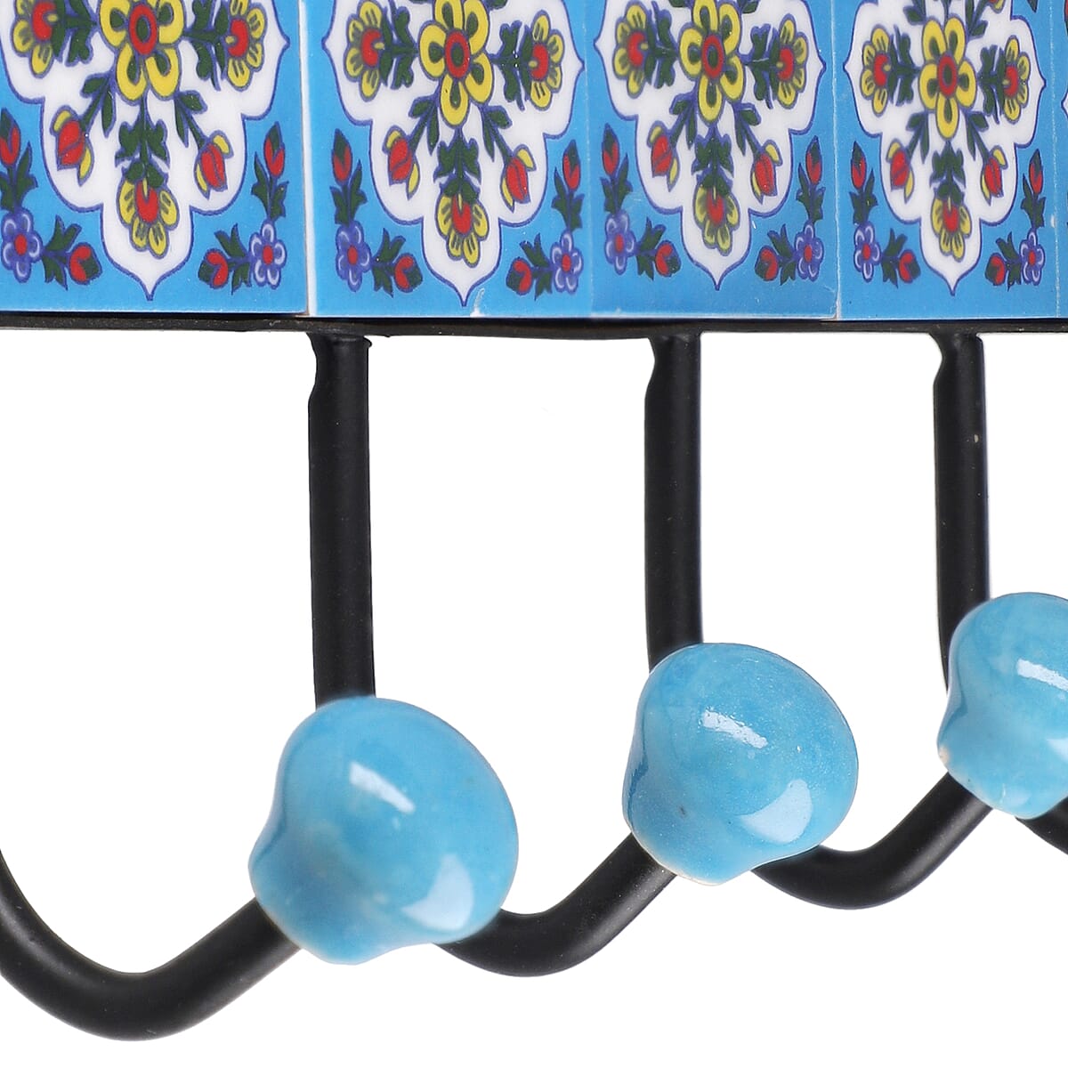 BLUE POTTERY Hand Painted Floral Design Decorative Tile Wall Hook - Blue (5 Hooks) image number 5