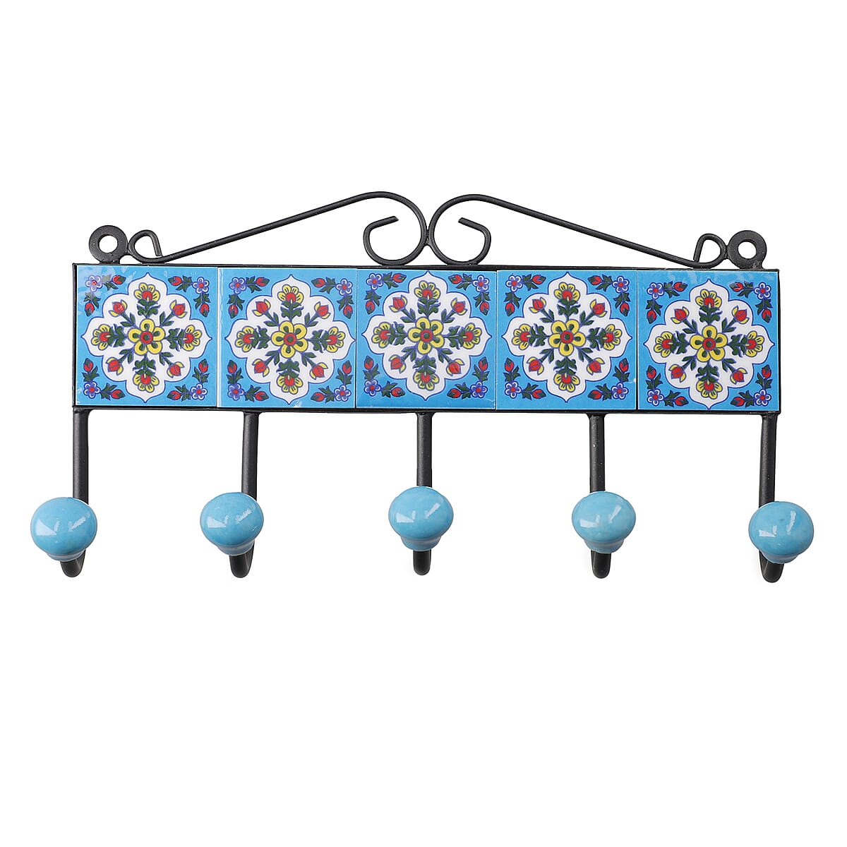 BLUE POTTERY Hand Painted Floral Design Decorative Tile Wall Hook - Blue (5 Hooks) image number 6