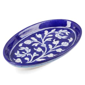 Blue Pottery White Floral and Leaf Pattern Oval Tray - Blue