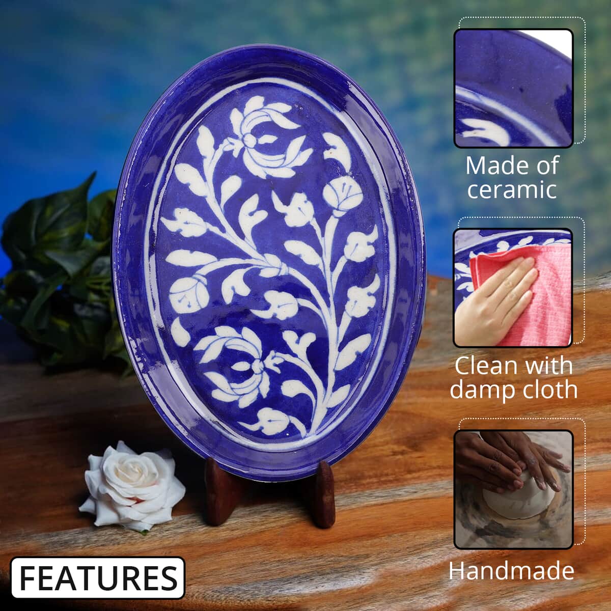 Blue Pottery White Floral and Leaf Pattern Oval Tray - Blue image number 2