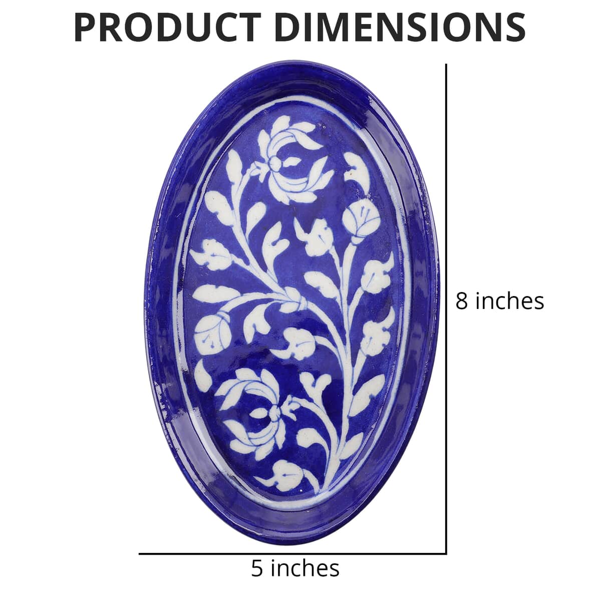 Blue Pottery White Floral and Leaf Pattern Oval Tray - Blue image number 3