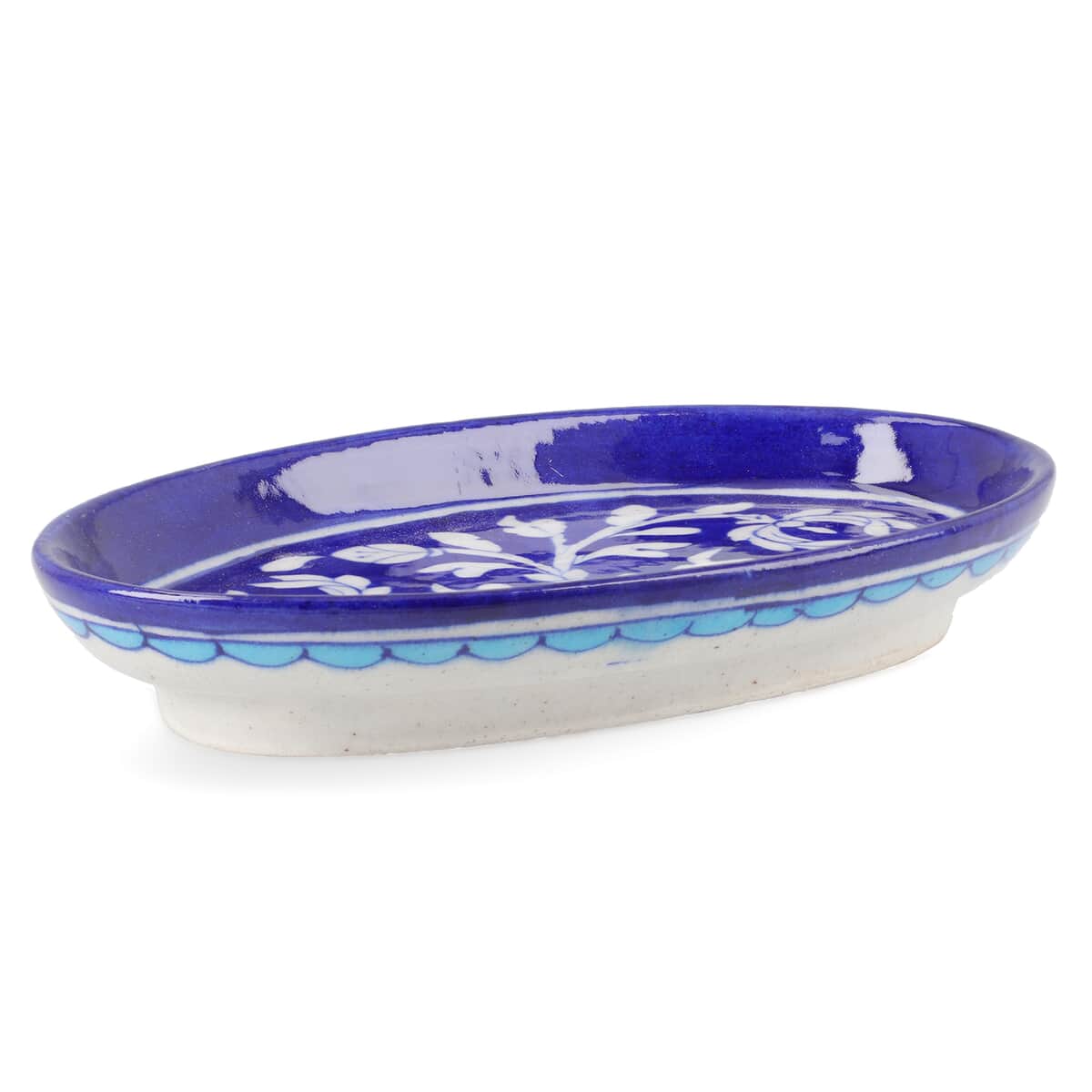 Blue Pottery White Floral and Leaf Pattern Oval Tray - Blue image number 4