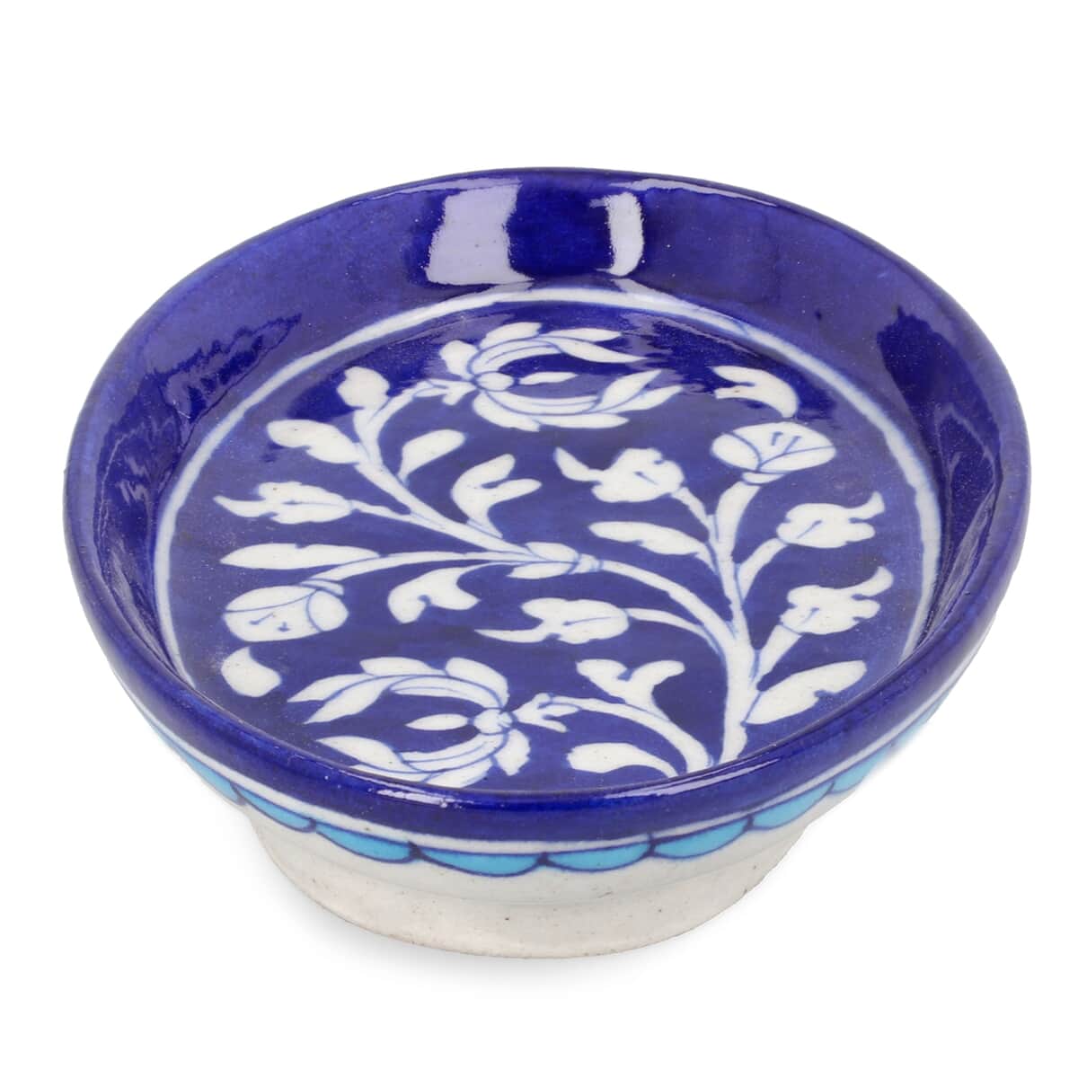 Blue Pottery White Floral and Leaf Pattern Oval Tray - Blue image number 5