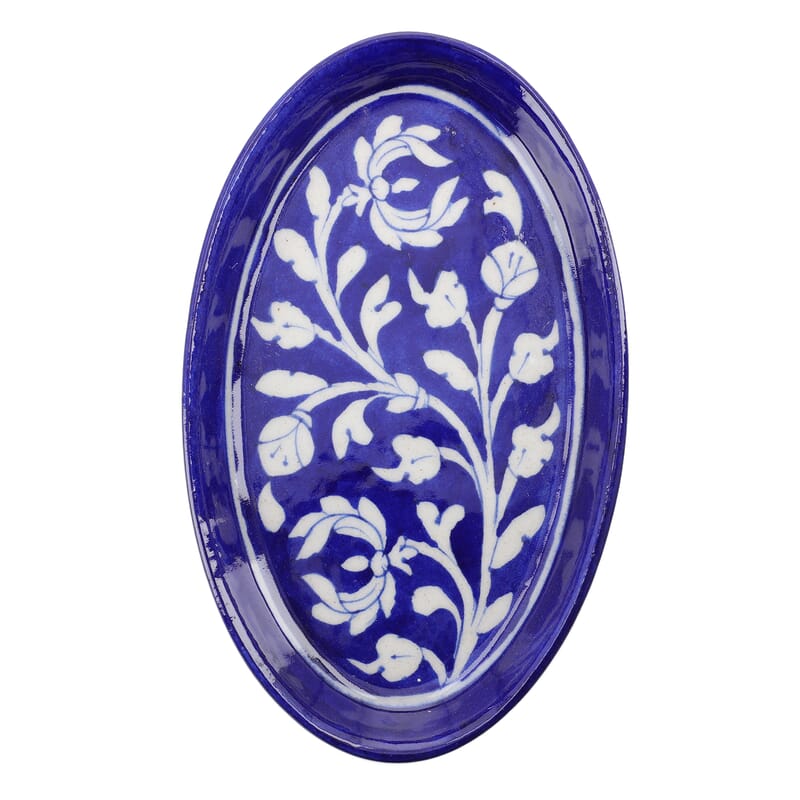 Blue Pottery White Floral and Leaf Pattern Oval Tray - Blue