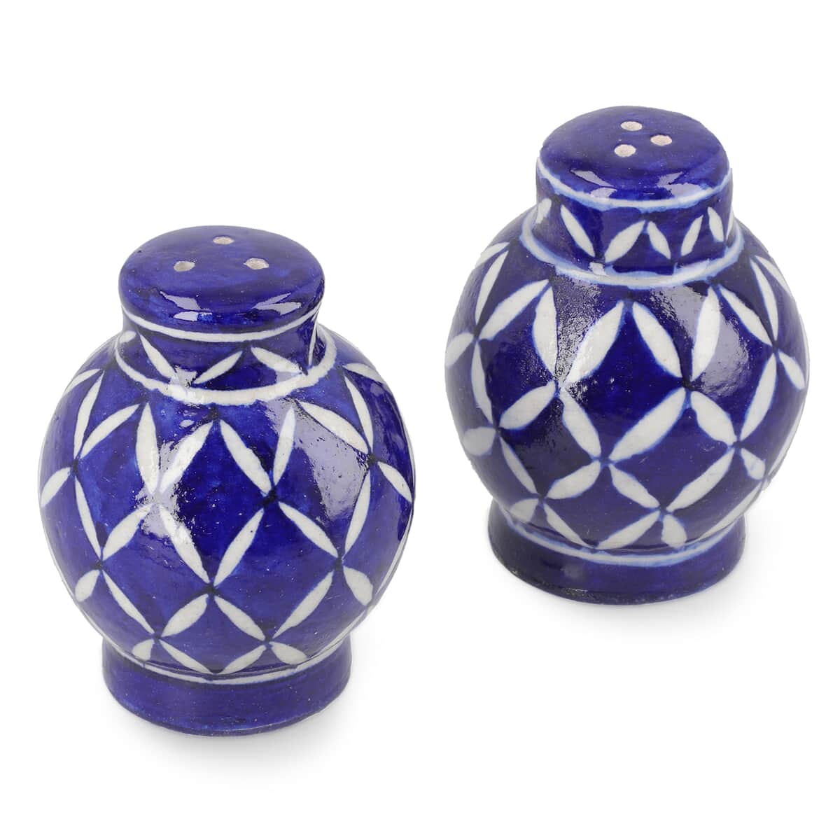 Set of 2 Blue Pottery Hand Painted Diamond Pattern Salt And Pepper Dispenser Set - Blue image number 0