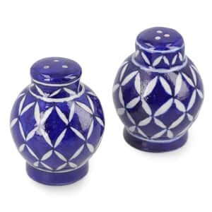 Set of 2 Blue Pottery Hand Painted Diamond Pattern Salt And Pepper Dispenser Set - Blue