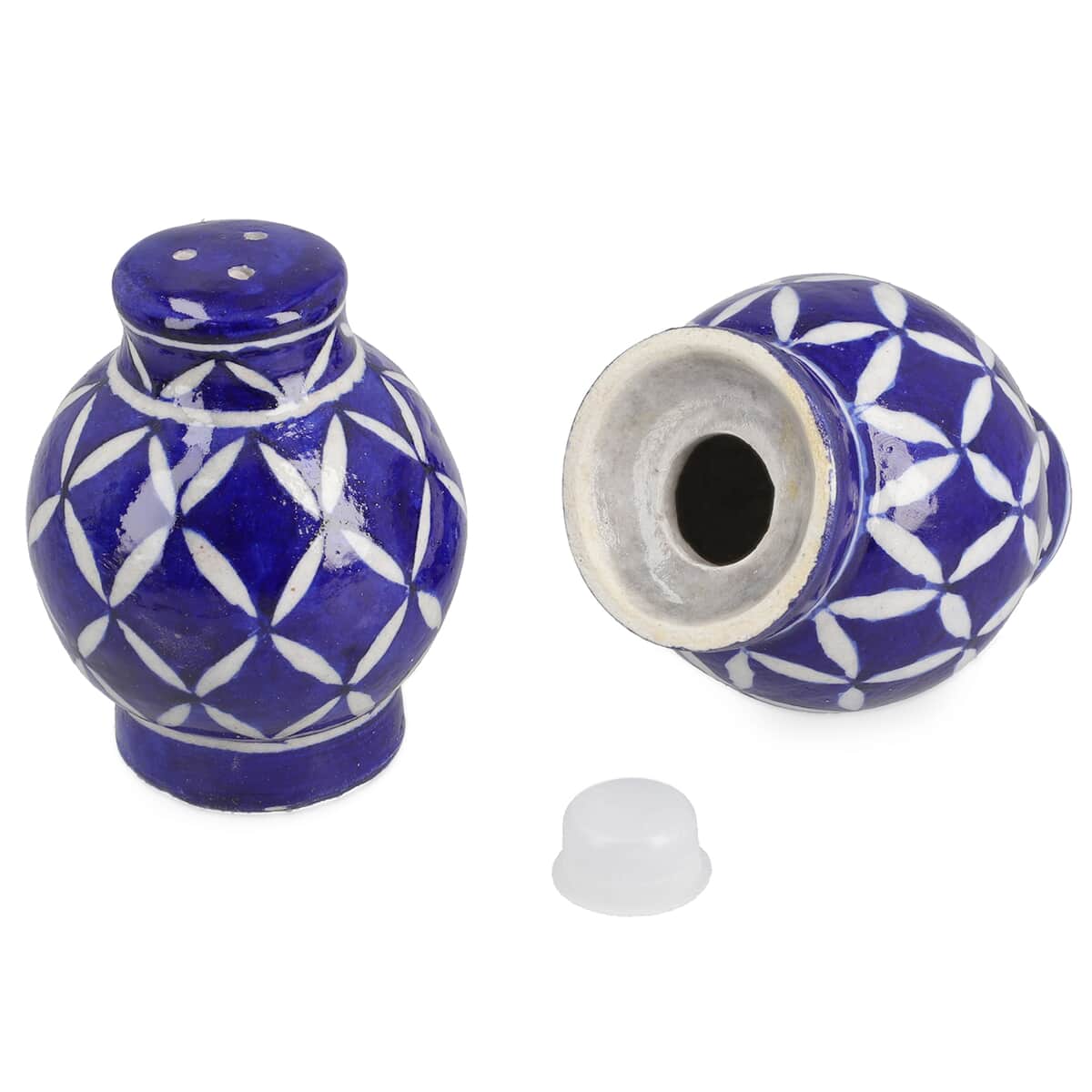 Set of 2 Blue Pottery Hand Painted Diamond Pattern Salt And Pepper Dispenser Set - Blue image number 4