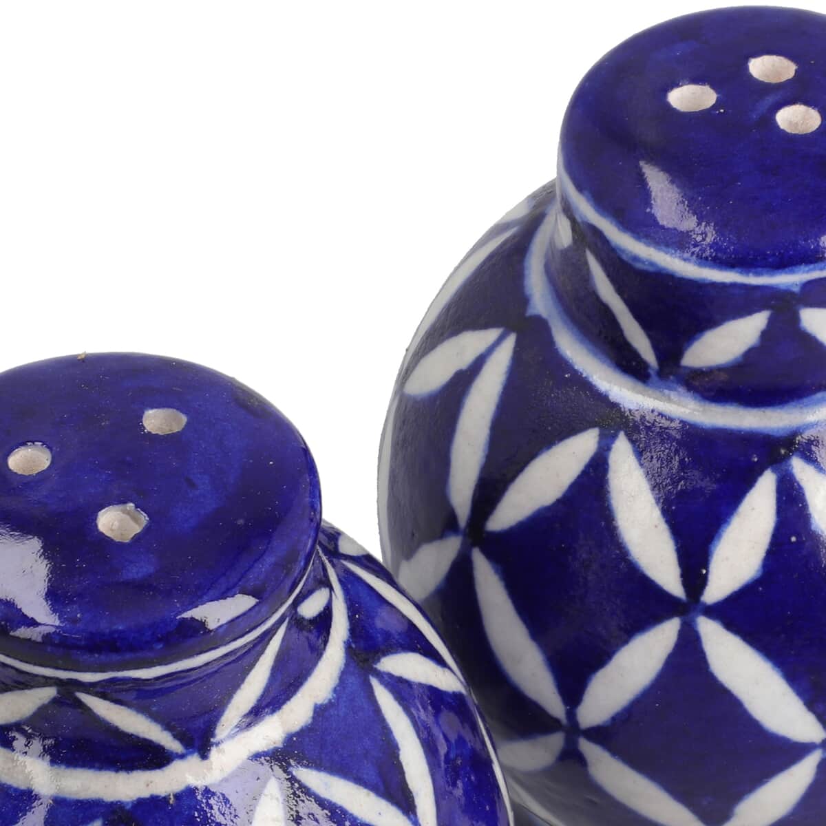 Set of 2 Blue Pottery Hand Painted Diamond Pattern Salt And Pepper Dispenser Set - Blue image number 5