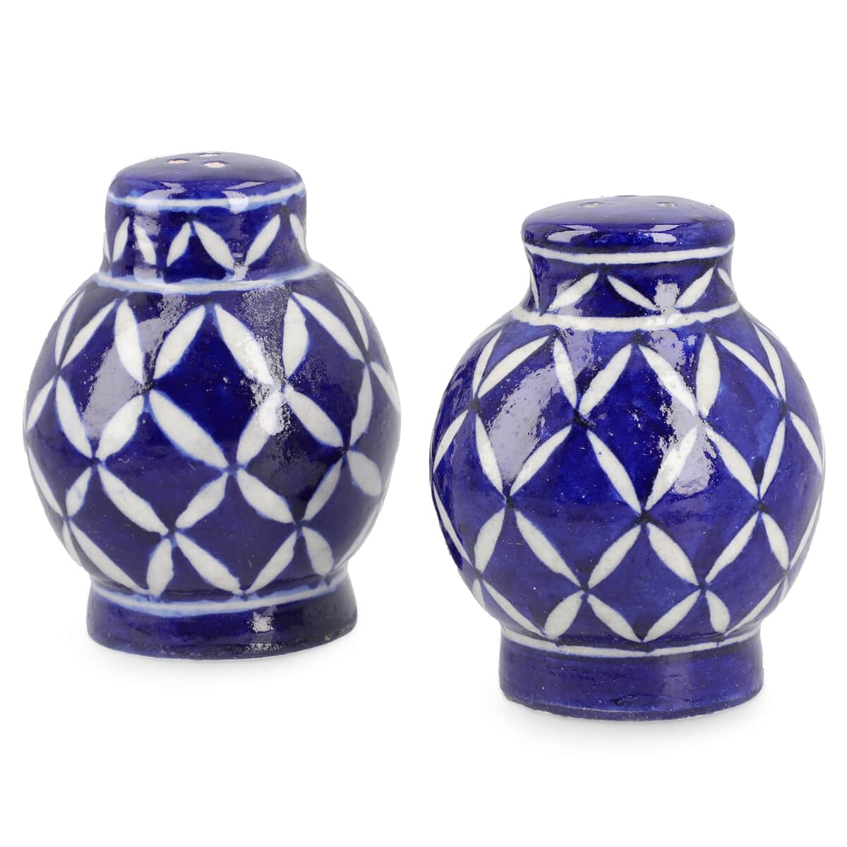 Set of 2 Blue Pottery Hand Painted Diamond Pattern Salt And Pepper Dispenser Set - Blue image number 6