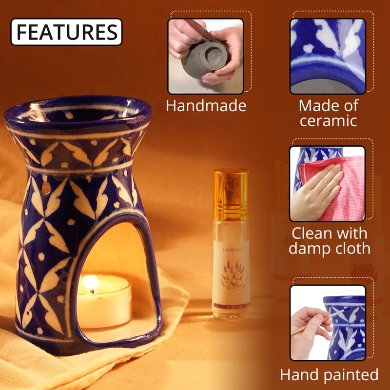 Blue Pottery Handmade Leaf Pattern Aroma Oil Diffuser