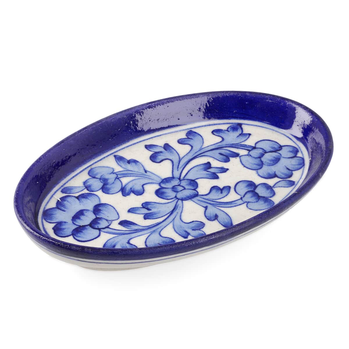 Blue Pottery Sky Floral and Leaf Pattern Oval Tray - Blue and White image number 0