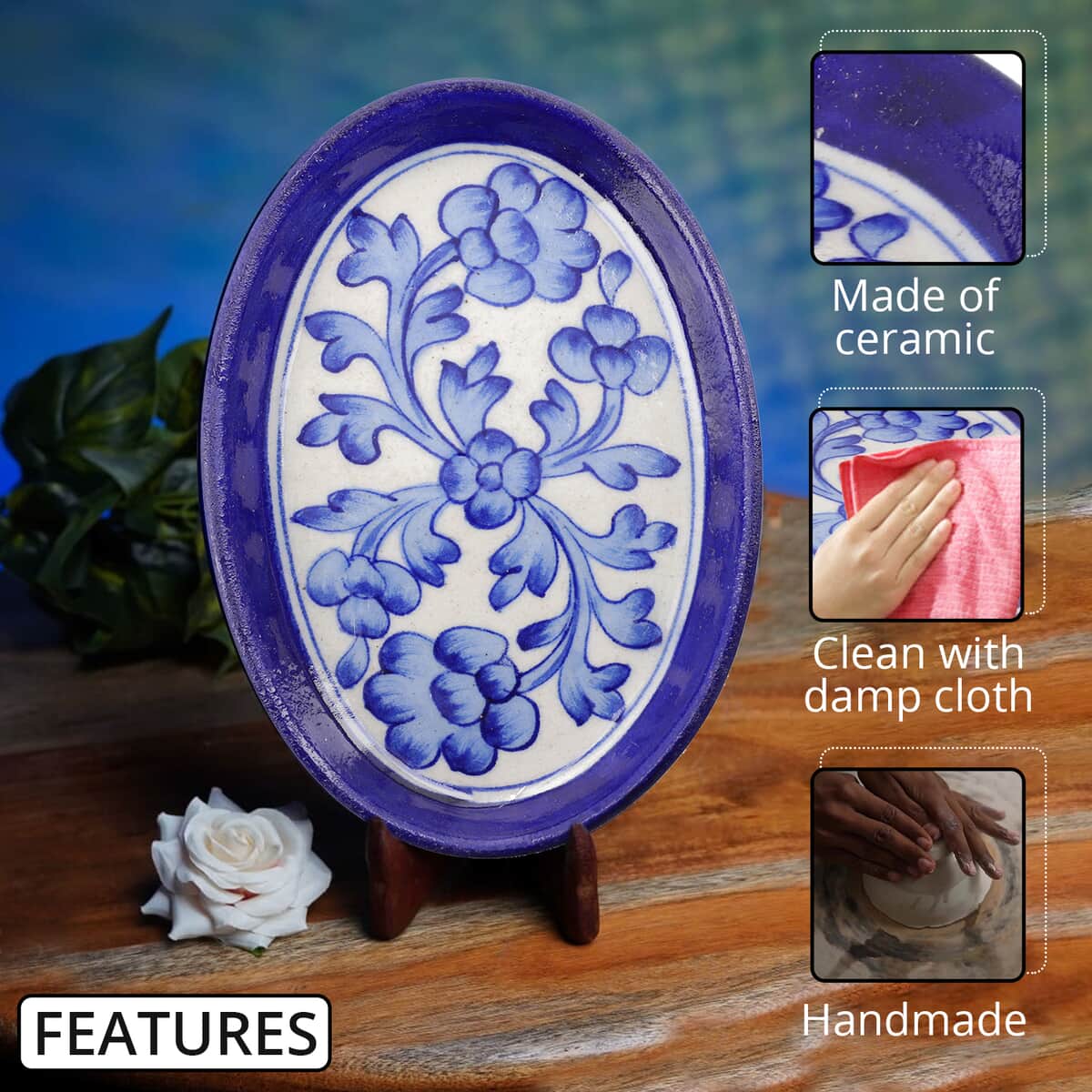 Blue Pottery Sky Floral and Leaf Pattern Oval Tray - Blue and White image number 2