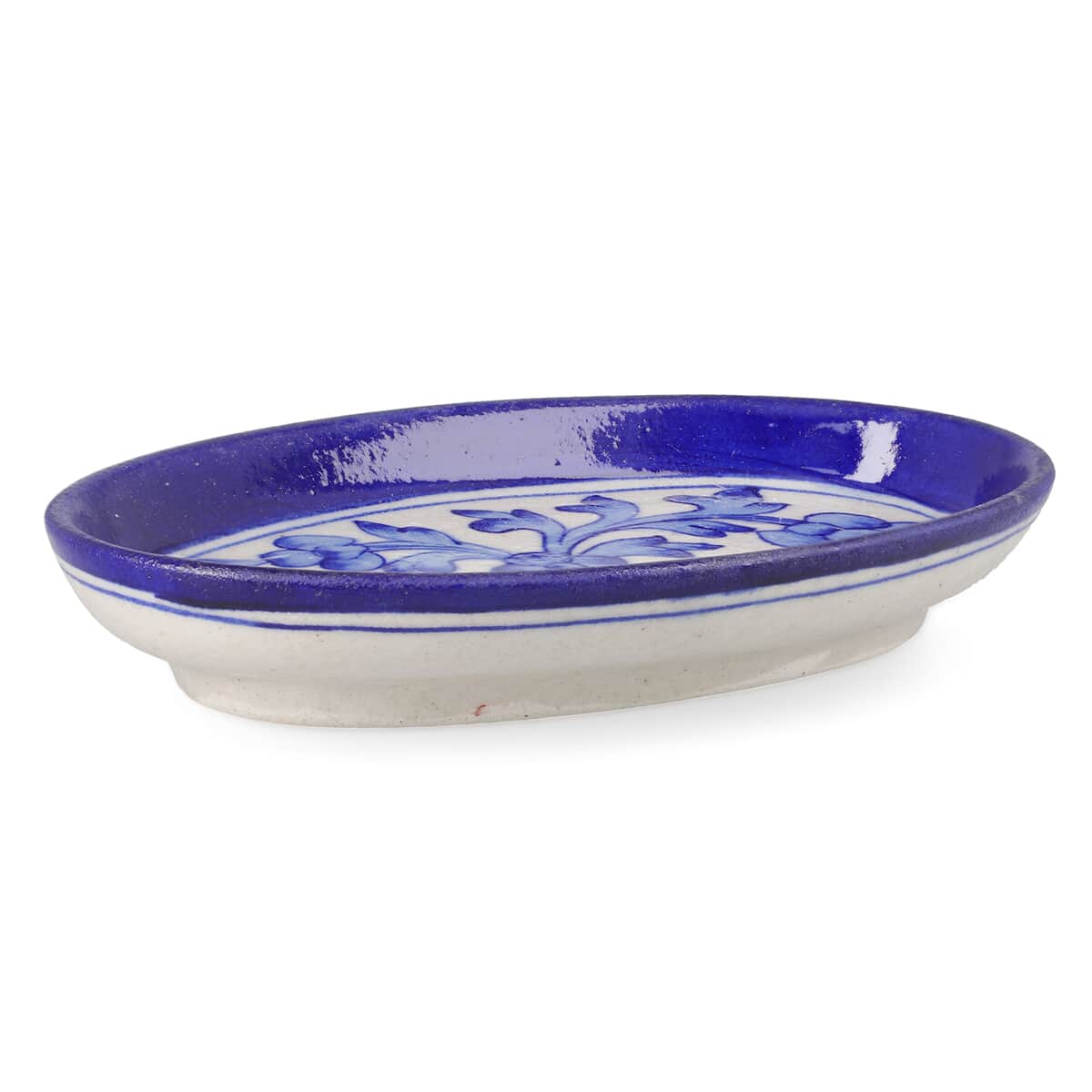 Blue Pottery Sky Floral and Leaf Pattern Oval Tray - Blue and White image number 4