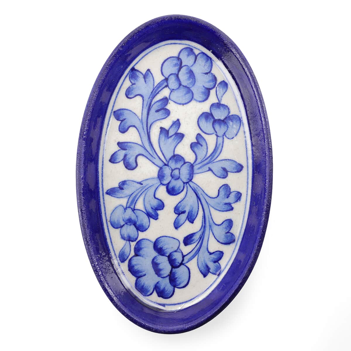 Blue Pottery Sky Floral and Leaf Pattern Oval Tray - Blue and White image number 6