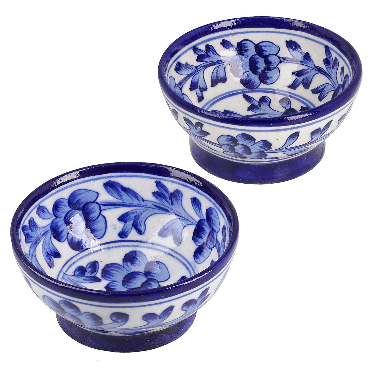 Blue Art Pottery Handmade Blue Floral and Leaf Pattern Crafted Ceramic Bowl - Set of 2 image number 0