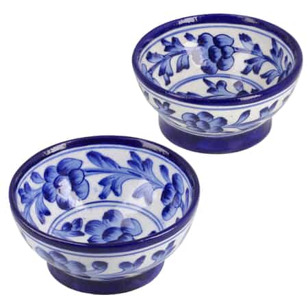 Blue Art Pottery Handmade Blue Floral and Leaf Pattern Crafted Ceramic Bowl - Set of 2 image number 0