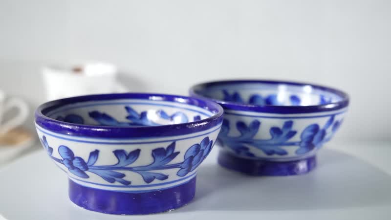 Set of 2 Blue Art Pottery Handmade Serving Mixing Bowls