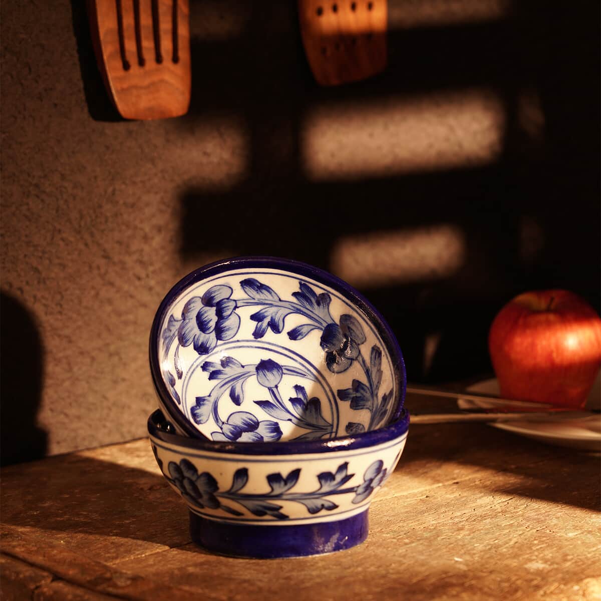 Blue Art Pottery Handmade Blue Floral and Leaf Pattern Crafted Ceramic Bowl - Set of 2 image number 1