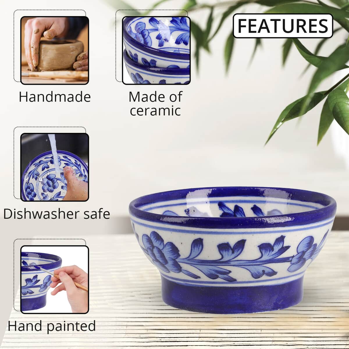 Blue Art Pottery Handmade Blue Floral and Leaf Pattern Crafted Ceramic Bowl - Set of 2 image number 2