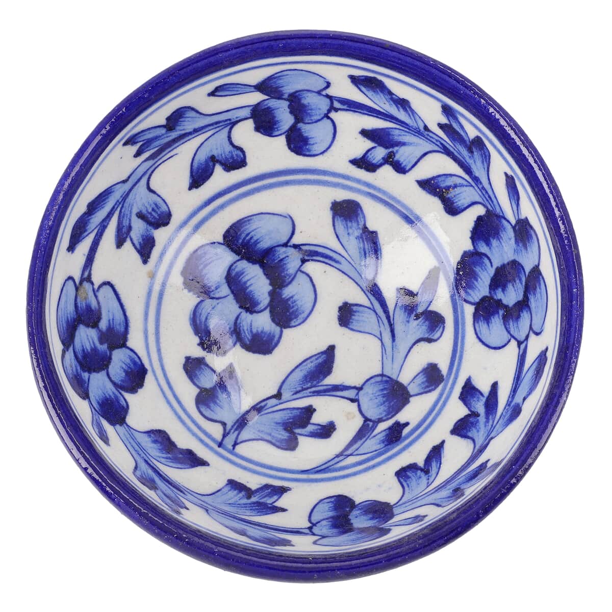 Blue Art Pottery Handmade Blue Floral and Leaf Pattern Crafted Ceramic Bowl - Set of 2 image number 4