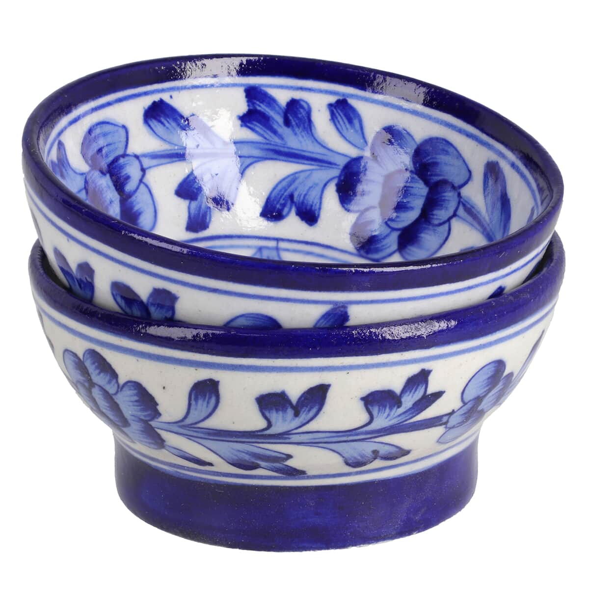 Blue Art Pottery Handmade Blue Floral and Leaf Pattern Crafted Ceramic Bowl - Set of 2 image number 5