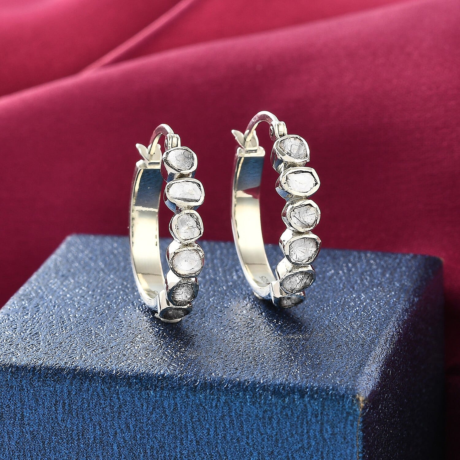 Polki Diamond Hoop Earrings in Platinum Over Sterling Silver 0.50 ctw