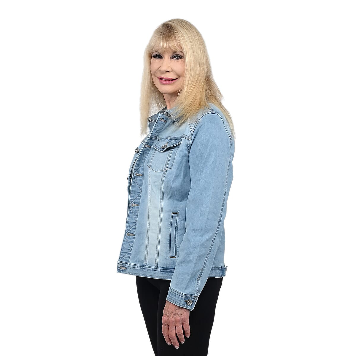 BACCINI Light Stone Wash Denim Jacket for Ladies- L | Women's Jean Jacket | Long Denim Button Jacket for Women image number 2