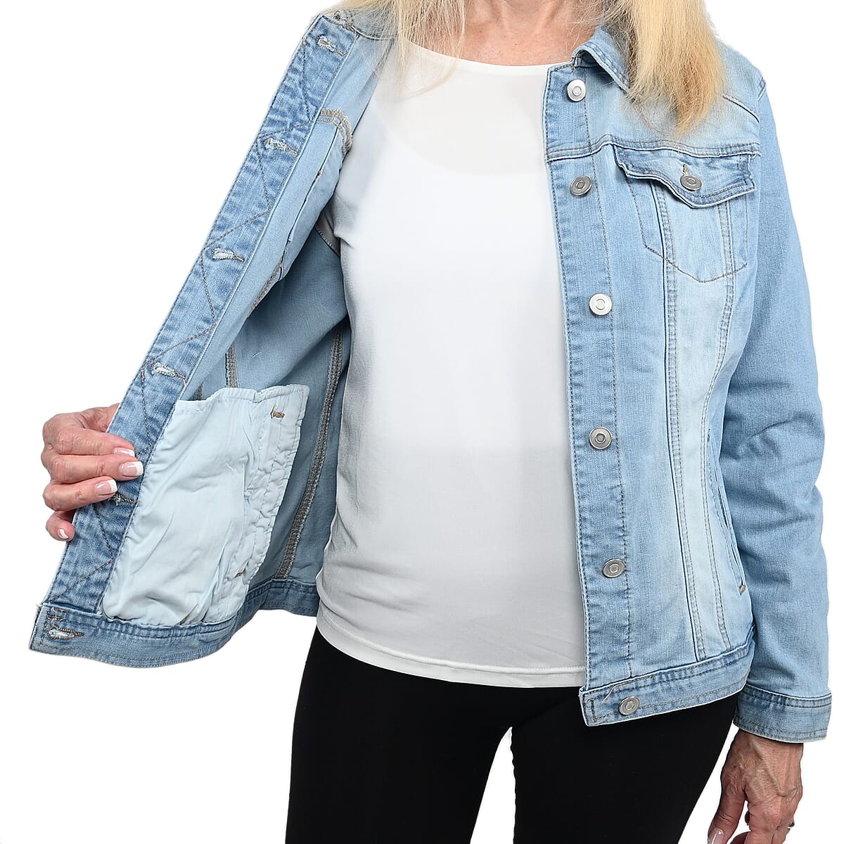 BACCINI Light Stone Wash Denim Jacket for Ladies- 2X | Women's Jean Jacket | Long Denim Button Jacket for Women image number 3