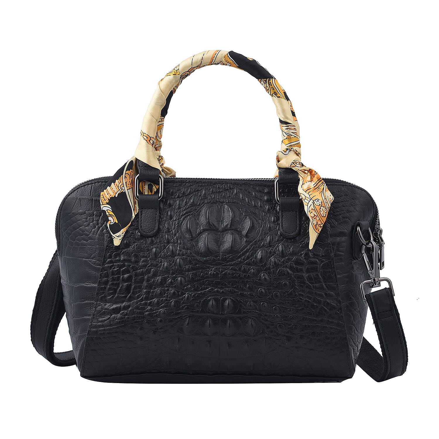 Hong Kong Closeout Black Crocodile Embossed Genuine Leather Crossbody Bag with Scarf and Shoulder Strap