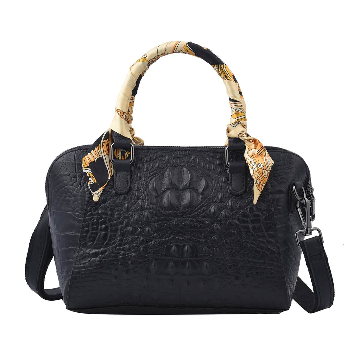 Black Crocodile Embossed Pattern Genuine Leather Crossbody Bag (12.25"x4"x7.21") with Hand Scarf Strap and Shoulder Strap image number 0