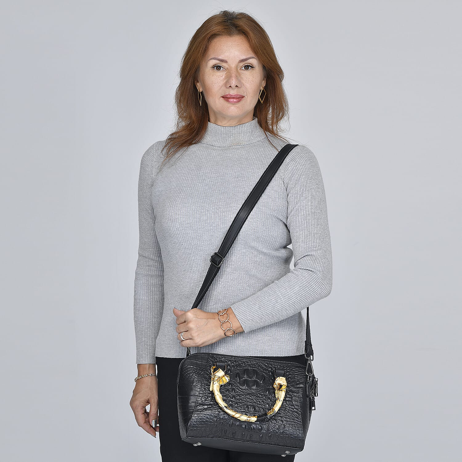 Hong Kong Closeout Black Crocodile Embossed Genuine Leather Crossbody Bag with Scarf and Shoulder Strap