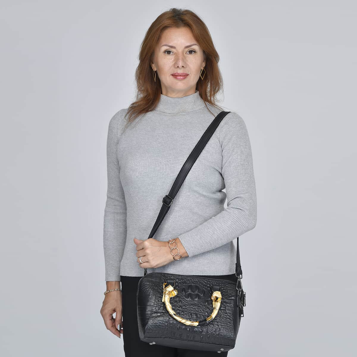 Black Crocodile Embossed Pattern Genuine Leather Crossbody Bag (12.25"x4"x7.21") with Hand Scarf Strap and Shoulder Strap image number 1