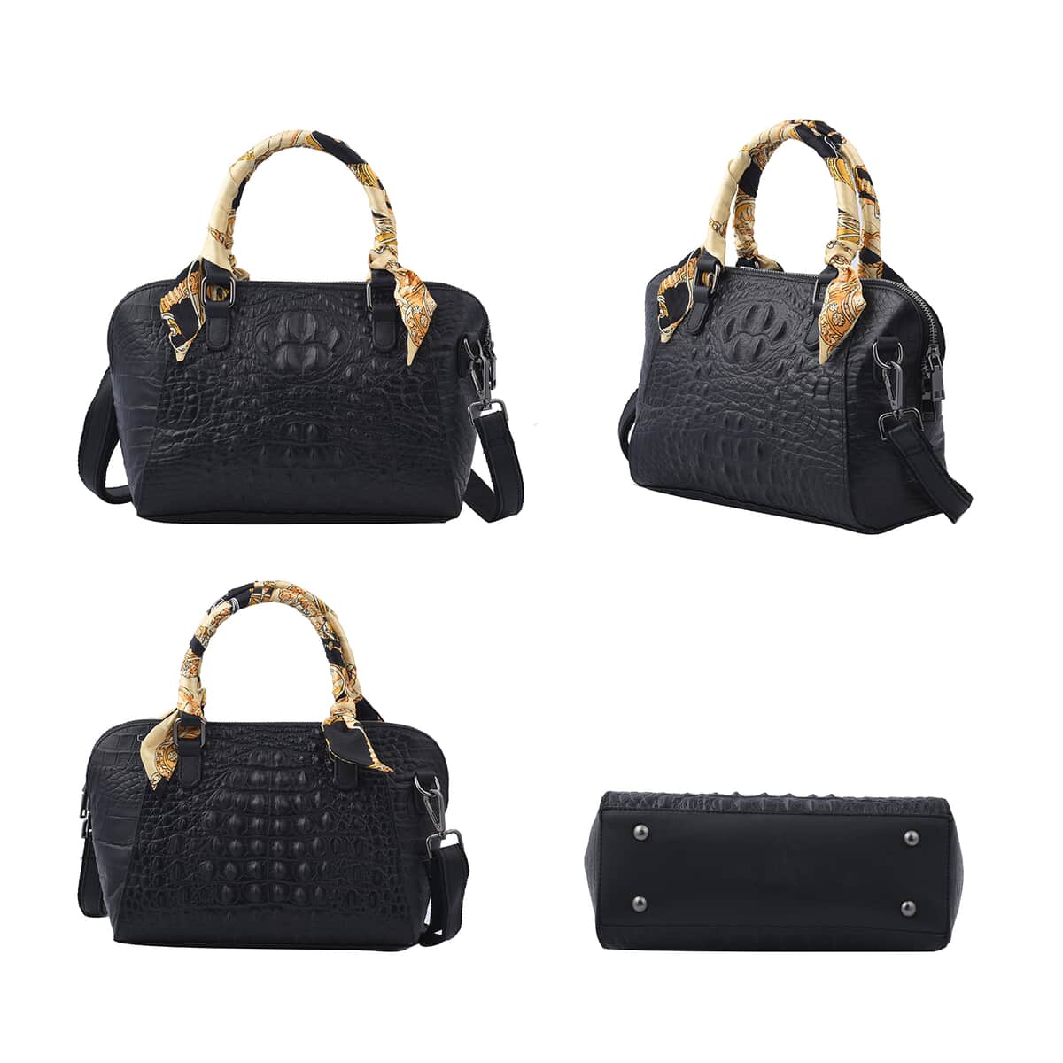 Black Crocodile Embossed Pattern Genuine Leather Crossbody Bag (12.25"x4"x7.21") with Hand Scarf Strap and Shoulder Strap image number 3