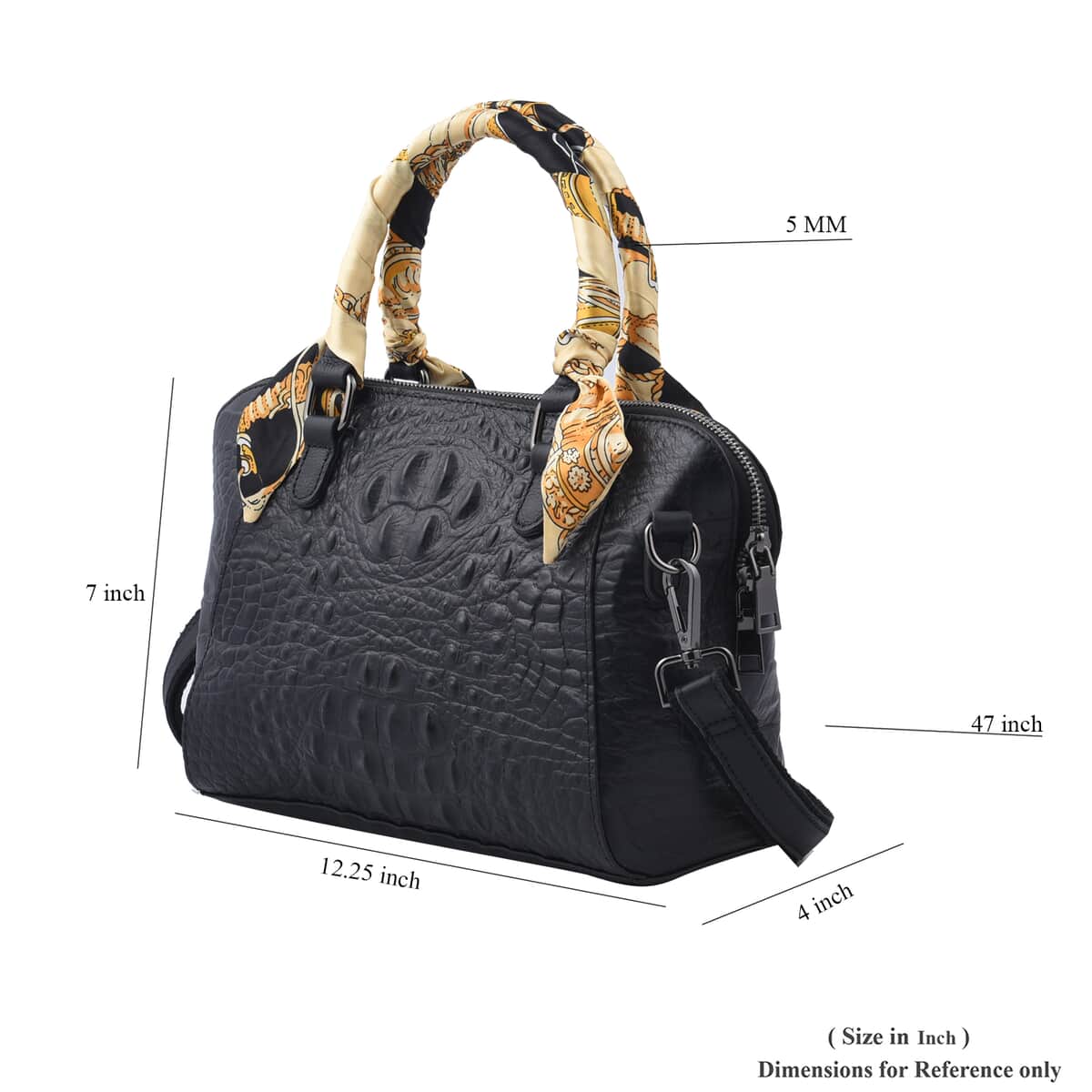 Black Crocodile Embossed Pattern Genuine Leather Crossbody Bag (12.25"x4"x7.21") with Hand Scarf Strap and Shoulder Strap image number 6