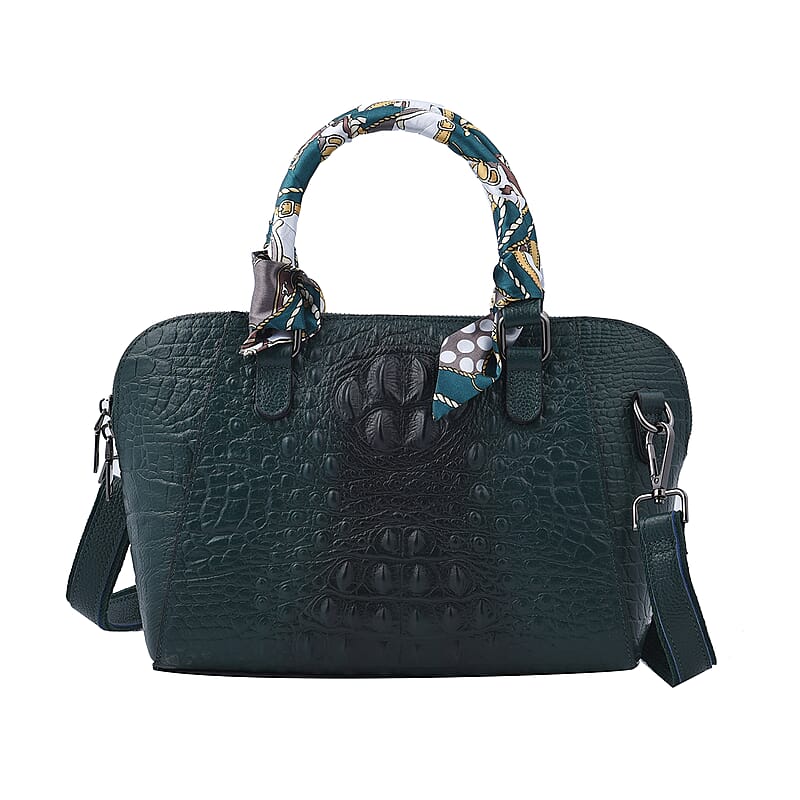 Hong Kong Closeout Olive Crocodile Embossed Genuine Leather Crossbody Bag with Scarf and Shoulder Strap
