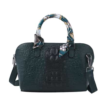 Hong Kong Closeout Olive Crocodile Embossed Genuine Leather Crossbody Bag with Scarf and Shoulder Strap image number 0
