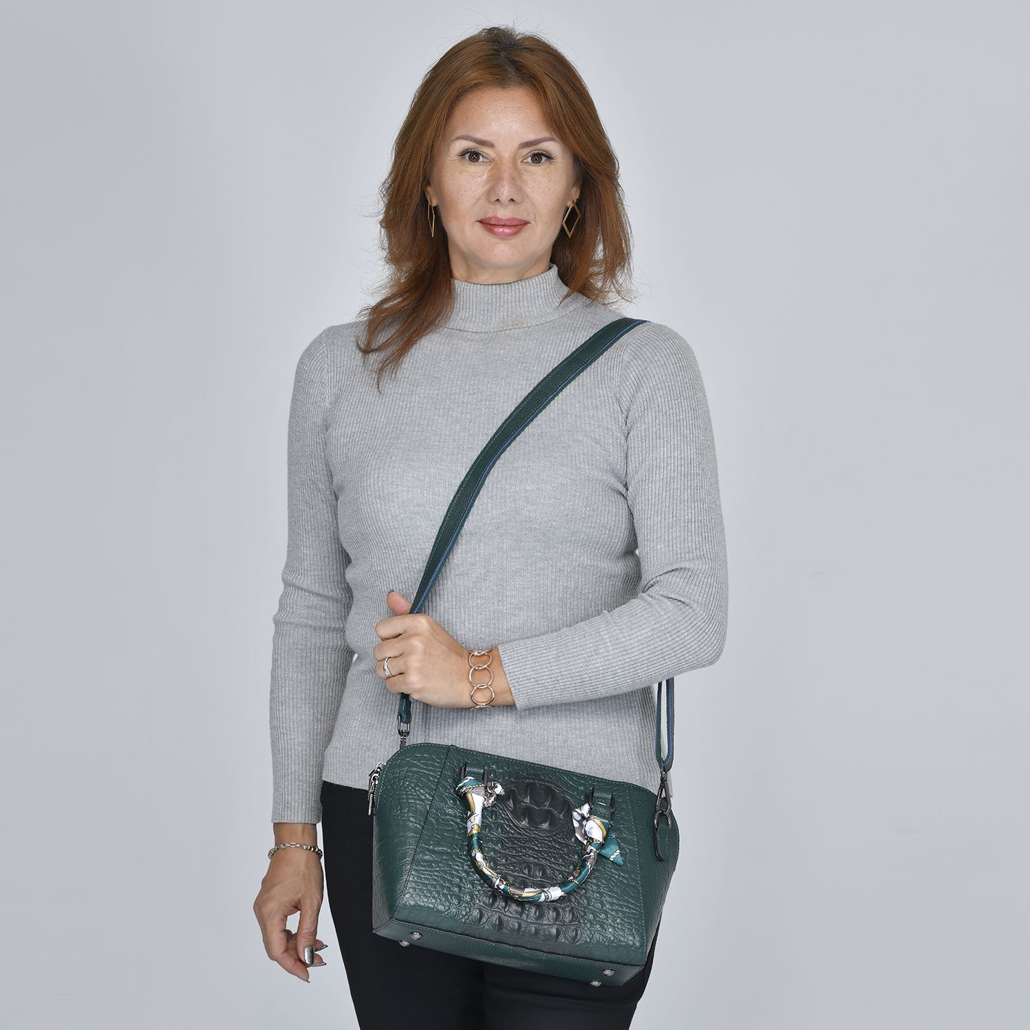 Hong Kong Closeout Olive Crocodile Embossed Genuine Leather Crossbody Bag with Scarf and Shoulder Strap