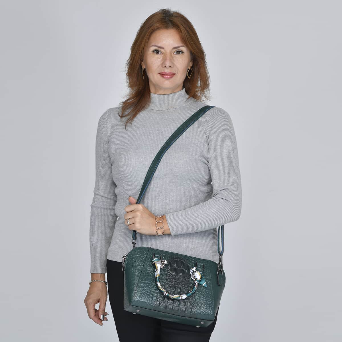 Hong Kong Closeout Olive Crocodile Embossed Genuine Leather Crossbody Bag with Scarf and Shoulder Strap image number 1