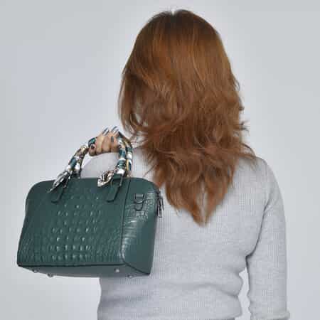 Hong Kong Closeout Olive Crocodile Embossed Genuine Leather Crossbody Bag with Scarf and Shoulder Strap image number 2