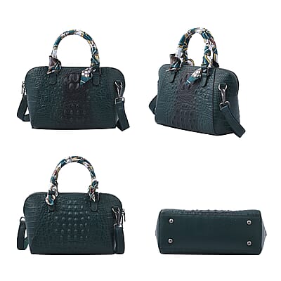 Hong Kong Closeout Olive Crocodile Embossed Genuine Leather Crossbody Bag with Scarf and Shoulder Strap