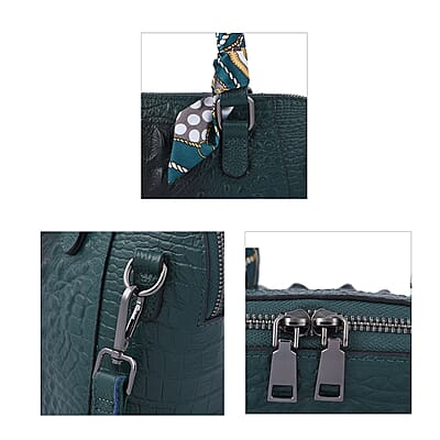 Hong Kong Closeout Olive Crocodile Embossed Genuine Leather Crossbody Bag with Scarf and Shoulder Strap