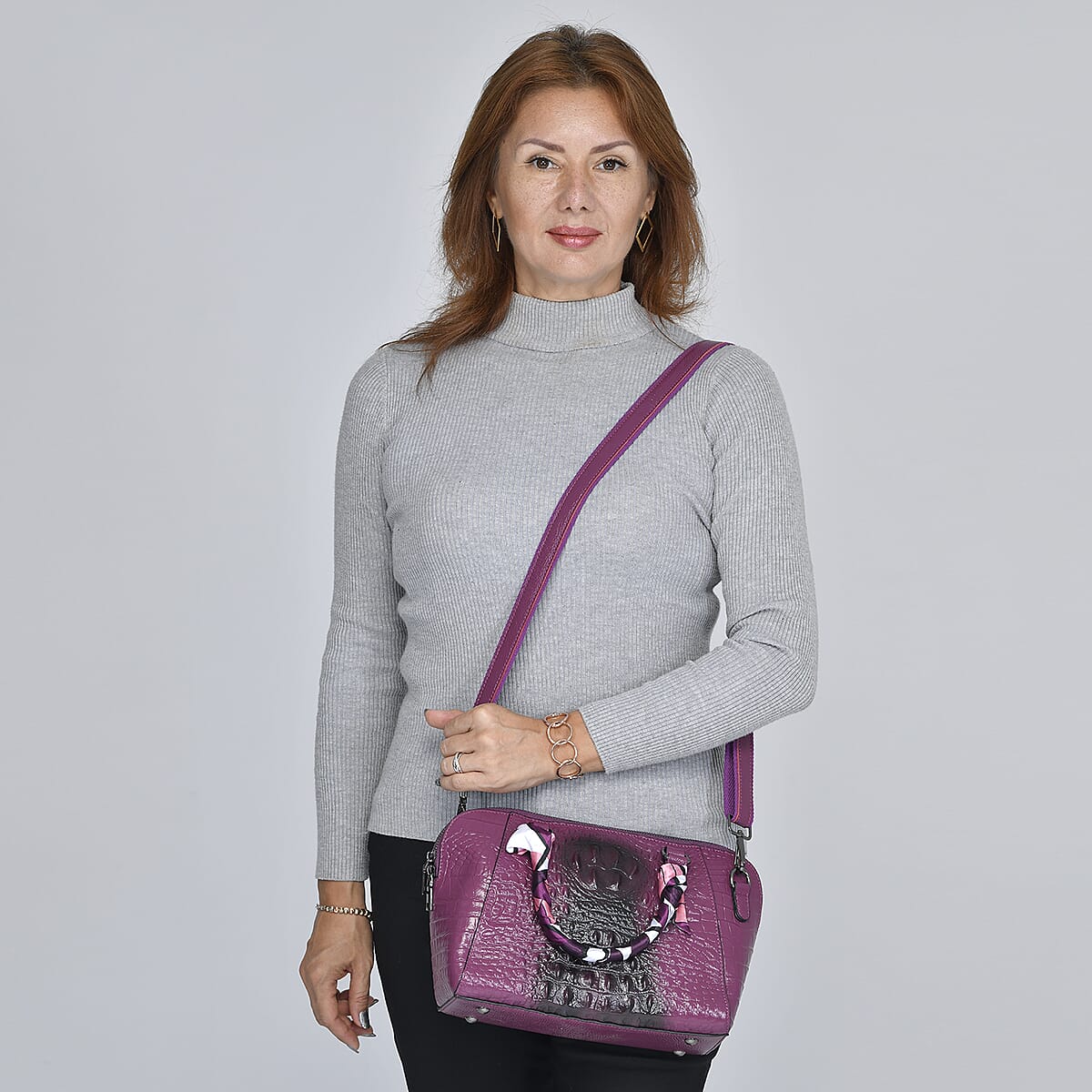Hong Kong Closeout Purple Crocodile Embossed Genuine Leather Crossbody Bag with Scarf and Shoulder Strap image number 1