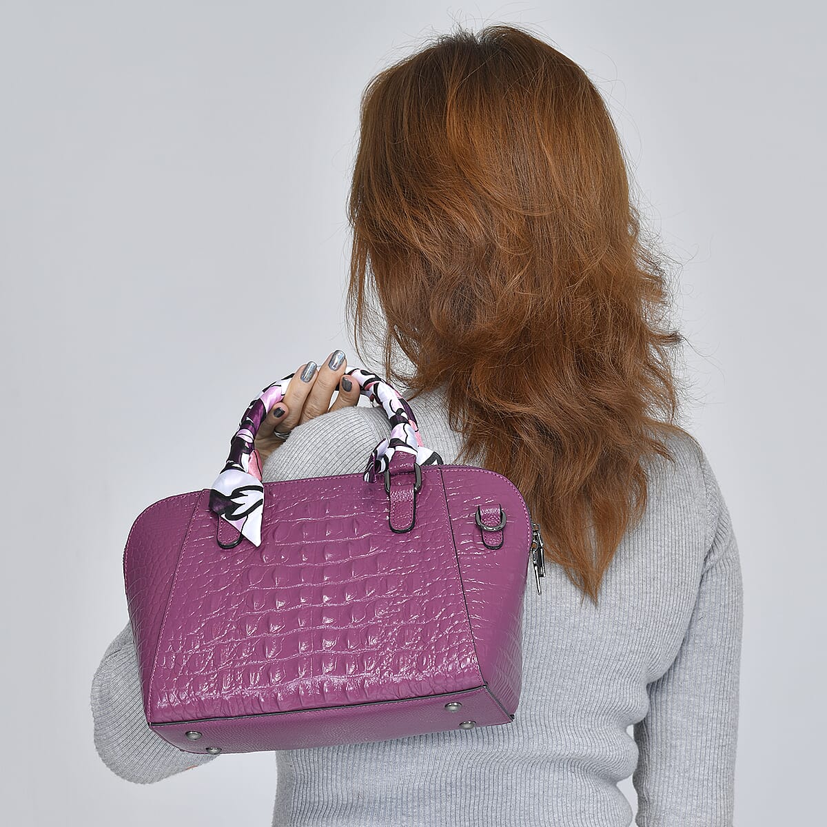 Hong Kong Closeout Purple Crocodile Embossed Genuine Leather Crossbody Bag with Scarf and Shoulder Strap image number 2