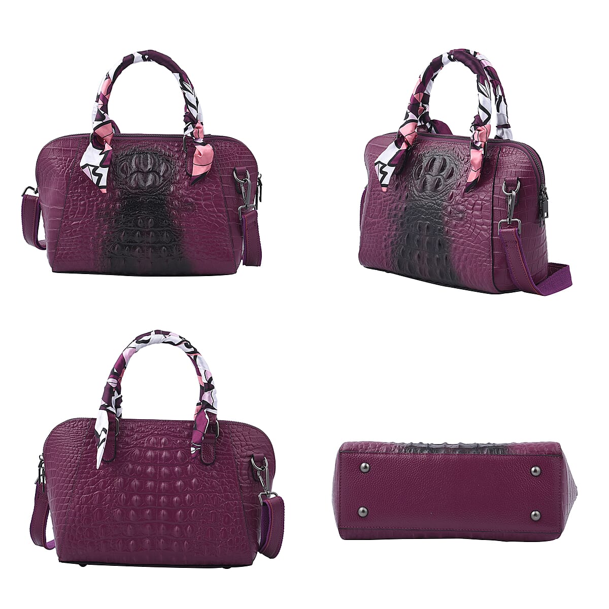 Hong Kong Closeout Purple Crocodile Embossed Genuine Leather Crossbody Bag with Scarf and Shoulder Strap image number 3