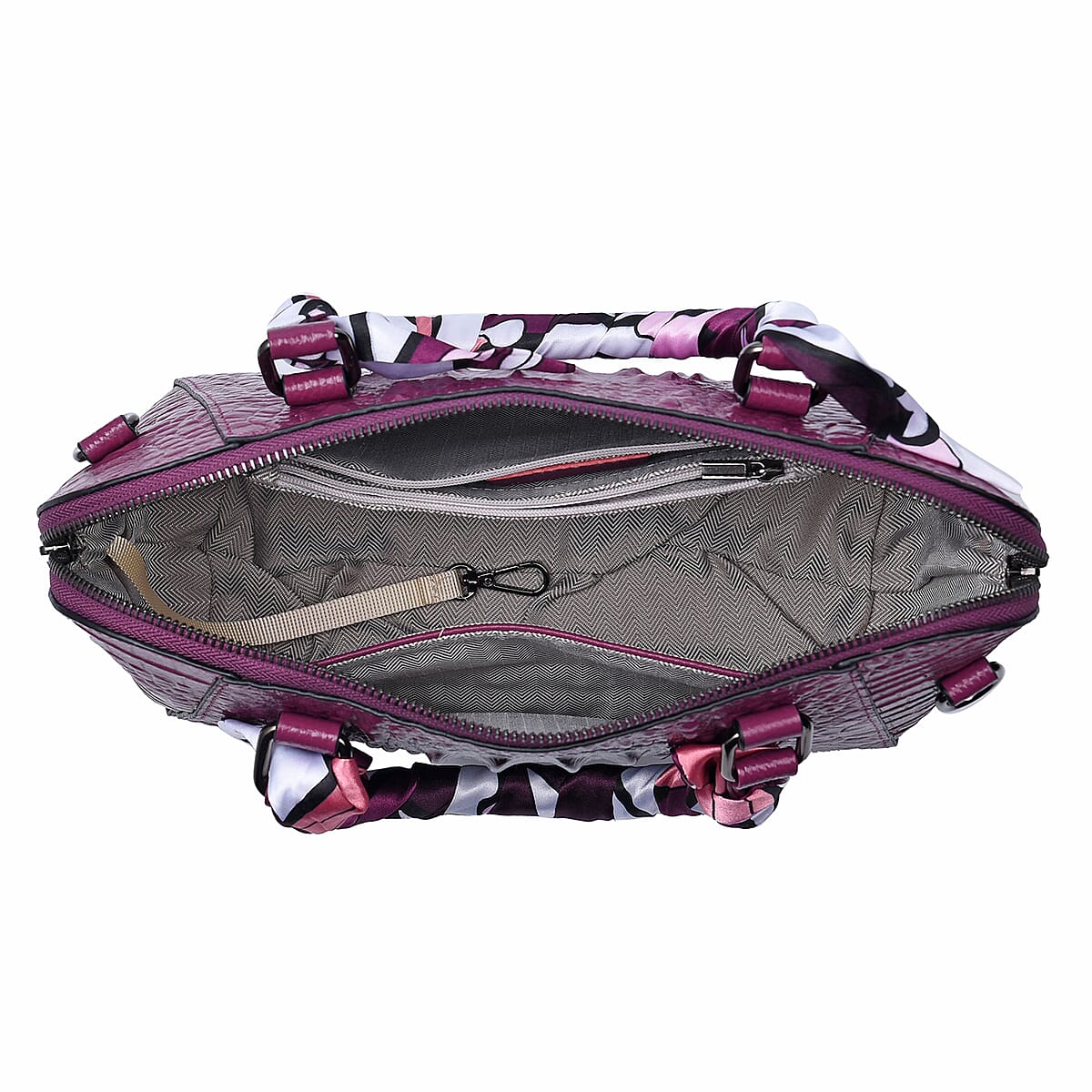 Hong Kong Closeout Purple Crocodile Embossed Genuine Leather Crossbody Bag with Scarf and Shoulder Strap image number 4