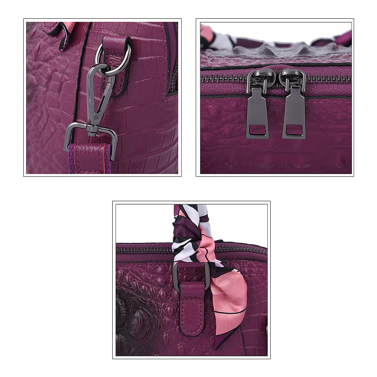 Hong Kong Closeout Purple Crocodile Embossed Genuine Leather Crossbody Bag with Scarf and Shoulder Strap image number 5