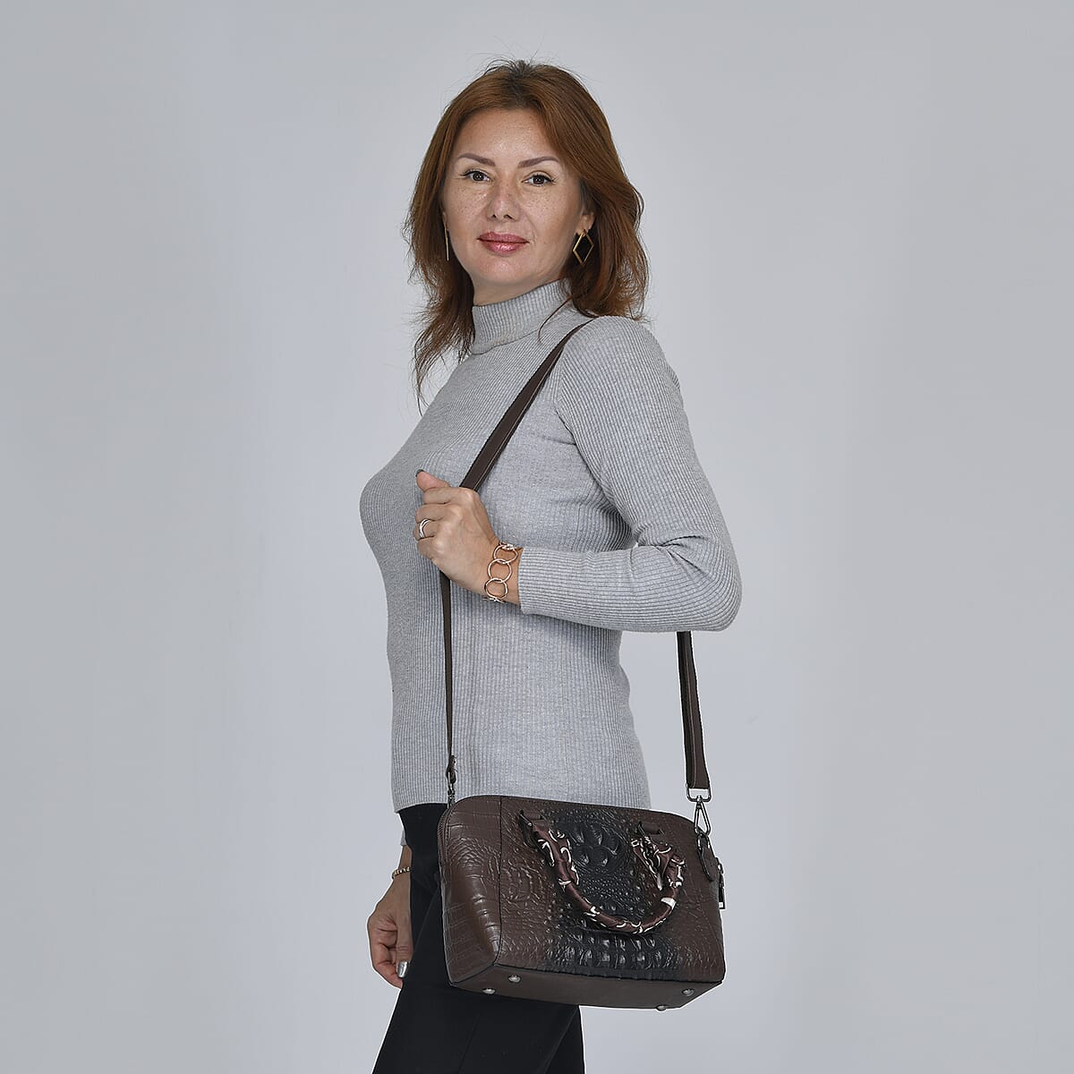 Hong Kong Closeout Chocolate Crocodile Embossed Genuine Leather Crossbody Bag with Scarf and Shoulder Strap image number 1